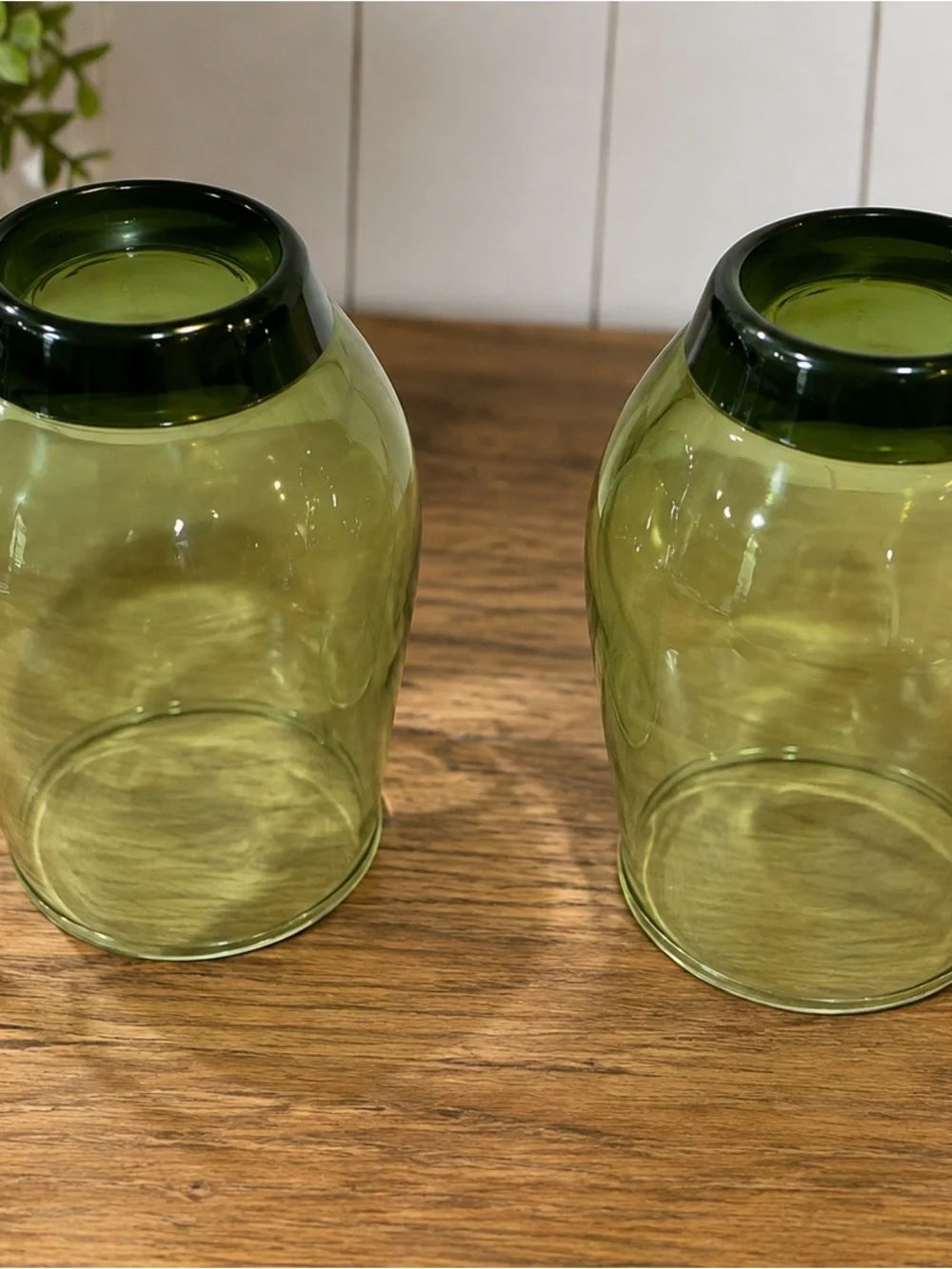 Vintage Olive Green Glass Tumblers Set of 2 Mid Century Footed Drinking Glasses